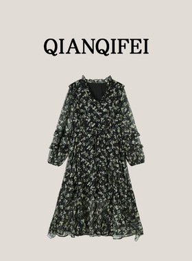 3-7F【浪漫限定】新款法式复古木耳边V领碎花连衣裙 XZ-564