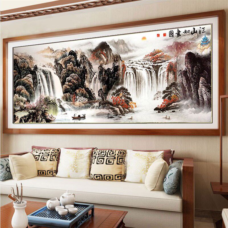 纯手工十字绣成品江山如画图流水生财聚宝盆风景画出售 已绣好的