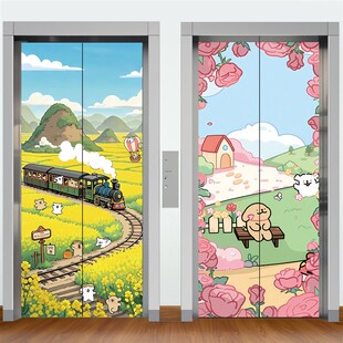 精选可爱卡通线条狗电梯门贴纸轻奢高级感一梯一户电梯门装饰自黏