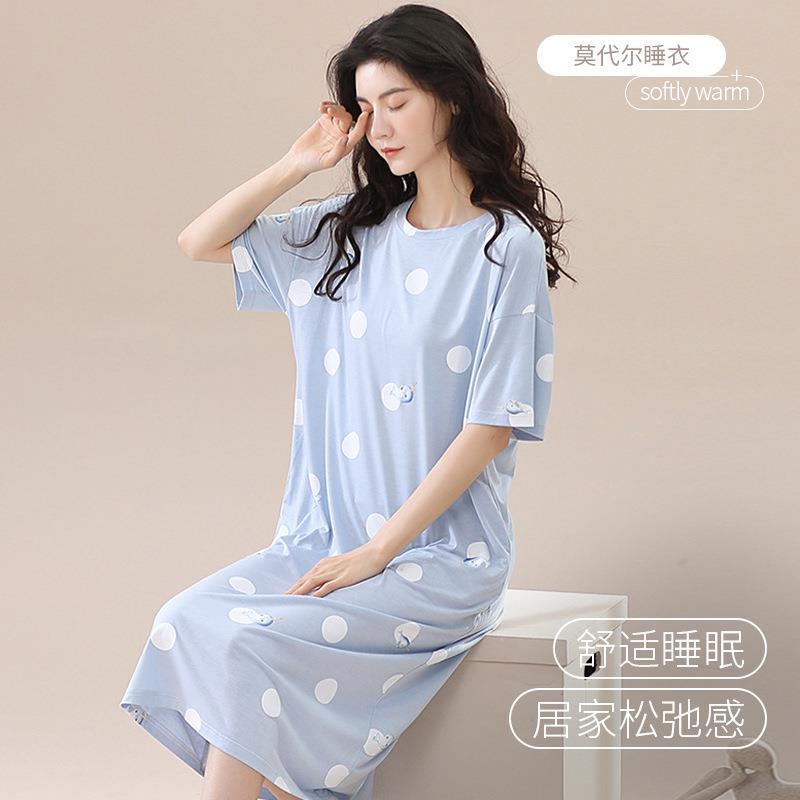春夏季新款莫代尔睡裙圆领宽松女士睡衣舒适家居服可外出套装