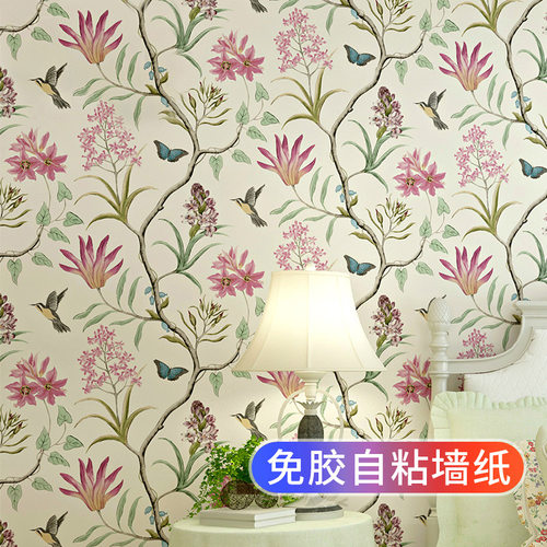 美式复古田园墙纸自粘卧室房间客厅电视背景墙壁纸家用贴纸花朵