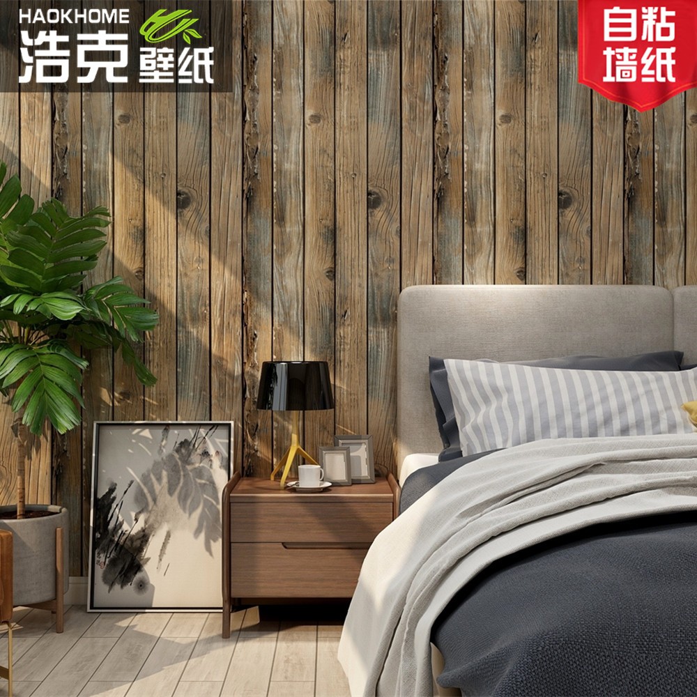 复古3D立体仿木纹木头工业风墙纸自粘饭店餐厅背景墙防水翻新贴纸