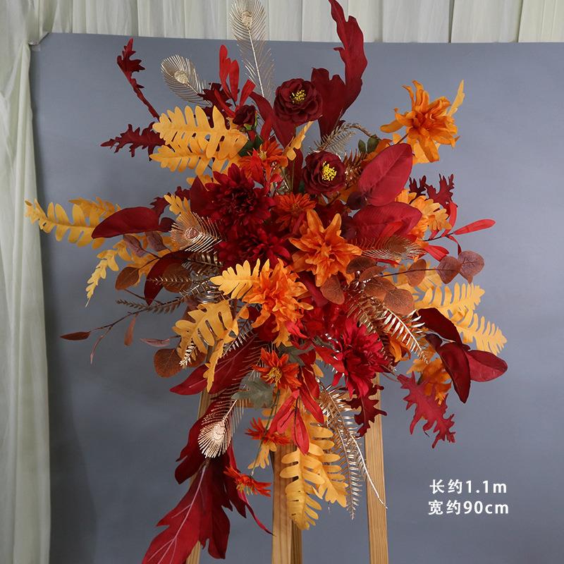 婚庆中式套系排花路舞台引花点仿真花迎宾背景布置花艺婚礼桔红色