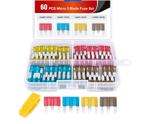60PCS Micro3ATL汽车叶片保险丝分类套件3脚微型插片5A7.5A10A15A