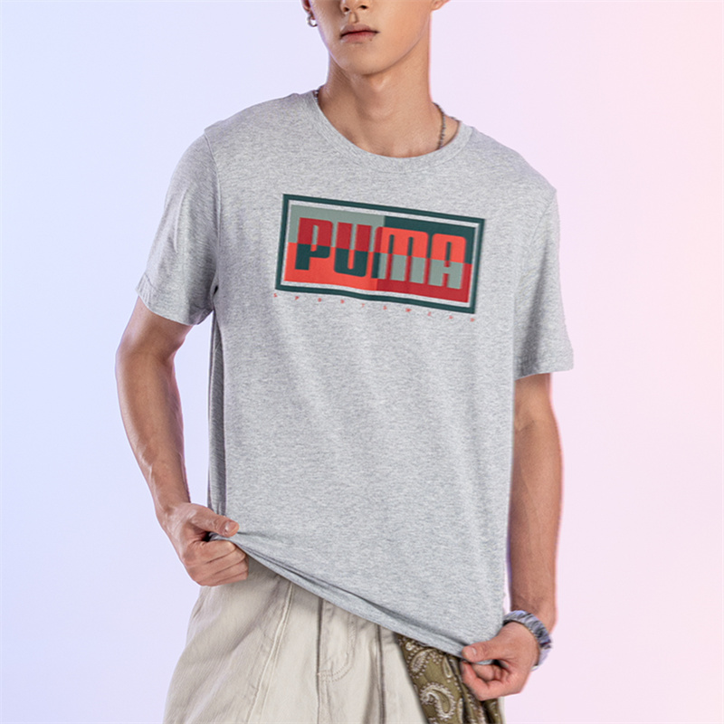 PUMA彪马灰色运动短袖男装2025夏季新款纯棉印花T恤衫圆领套头衫