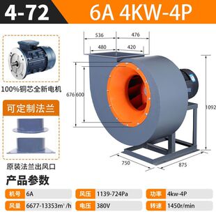 4-72离心风机A型直连工业除尘喷漆喷塑环保15/30kw强力排烟引风机