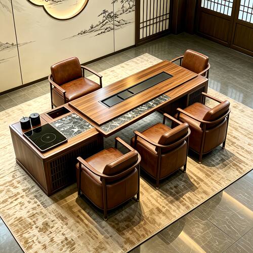 新中式黑胡桃木茶桌椅组合实木茶台高端轻奢家用客厅办公茶室家具