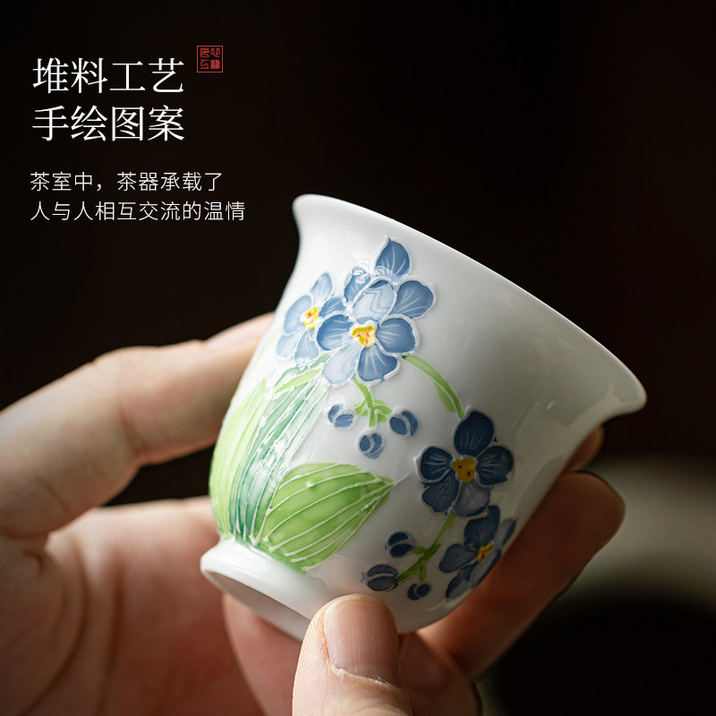 百垚白瓷手绘品茗杯家用创意主人杯清新单杯陶瓷茶杯高档功夫茶具