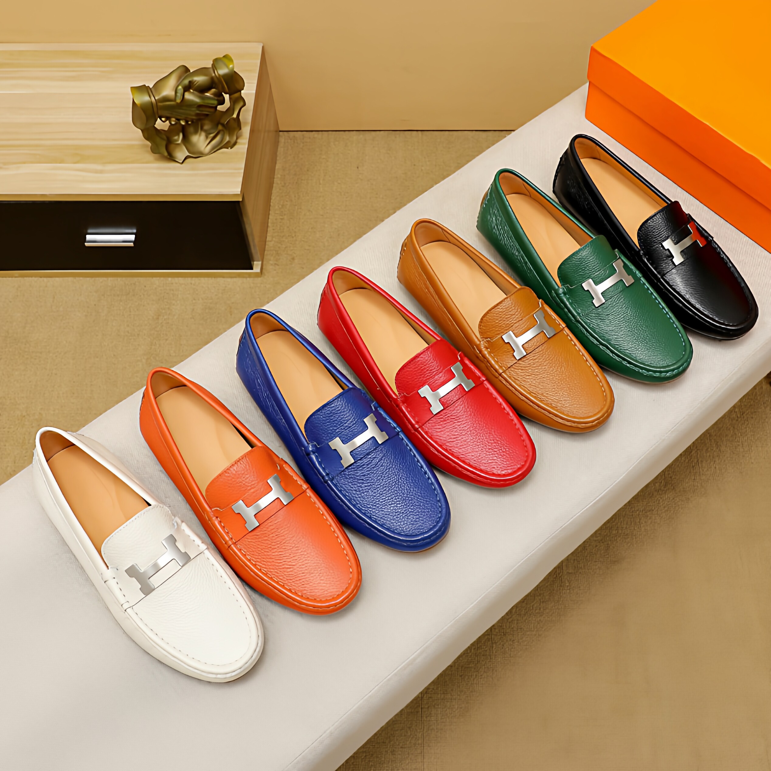 路痴2026男士新款H扣头层牛皮时尚豆豆鞋一脚蹬懒人透气休闲皮鞋