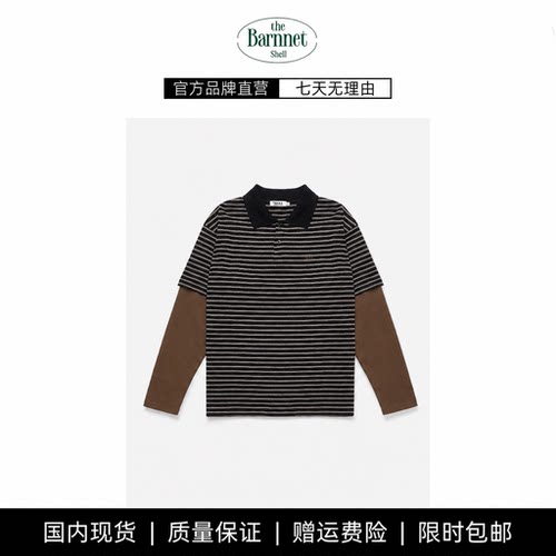 【现货】theBarnnet shell韩复古减龄polo条纹拼色假两件长袖T恤