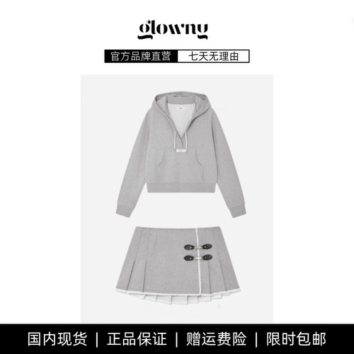 【现货】韩国小众glowny朴秀荣同款蕾丝边褶皱裙V领连帽卫衣套装