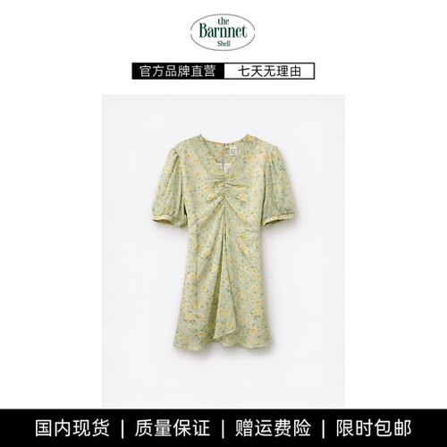 【现货】theBarnnet shell小个子福音韩国褶皱V领碎花短款连衣裙