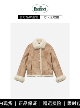 【现货】韩国东大门冬季新the Barnet复古翻领单排扣皮毛一体外套