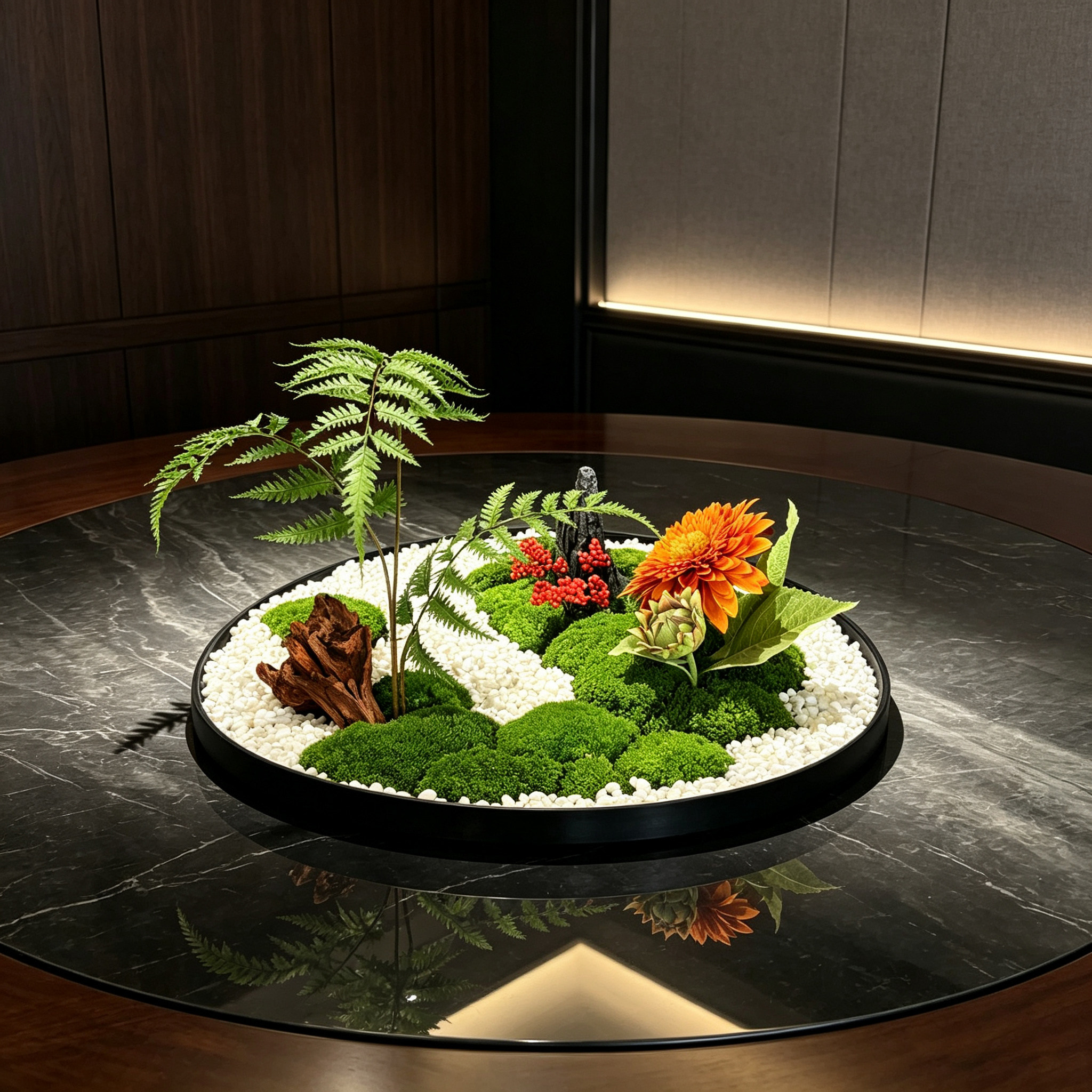 轻奢风餐桌花艺蕨类植物永生苔藓餐桌装饰高端酒店包间转盘景观