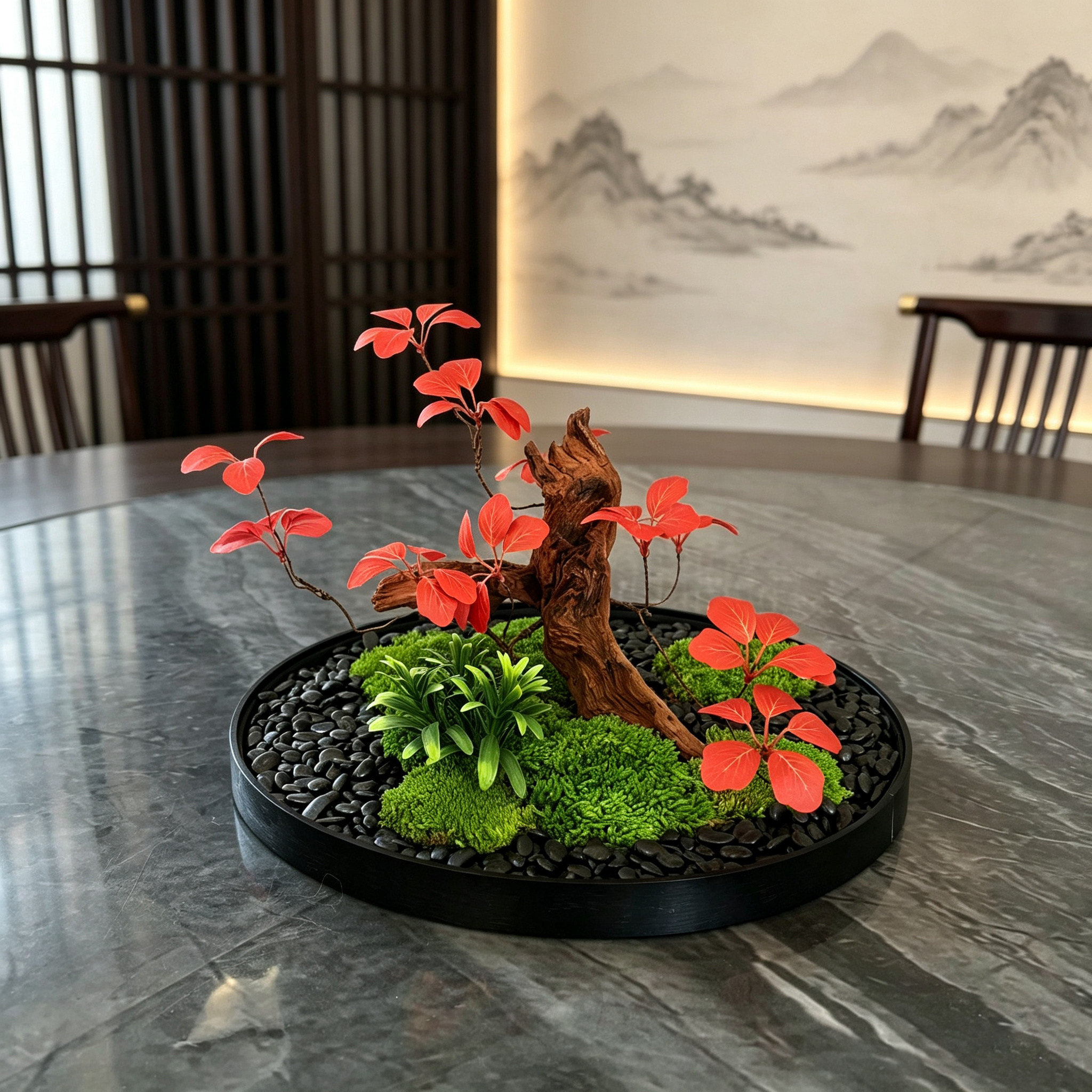 新中式餐桌花艺摆件红叶绿植永生苔藓装饰品餐厅桌面艺术圆桌摆花
