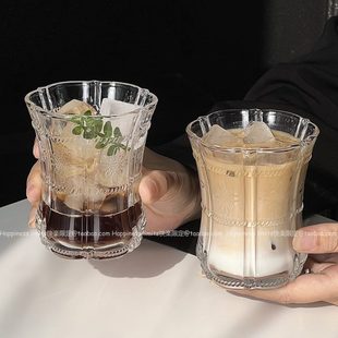 中式 浮雕咖啡家用水杯花瓣果汁杯花边杯冷饮冰玻璃ins风美式