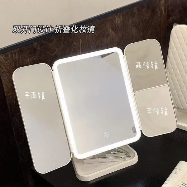 化妆镜台式桌面led贝壳带灯折叠梳妆台智能高清便携随身学生宿舍