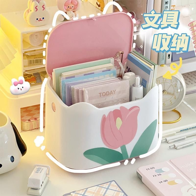 桌面垃圾桶可爱简约猫耳郁金香花朵学生宿舍梳妆台纸巾收纳盒桌子