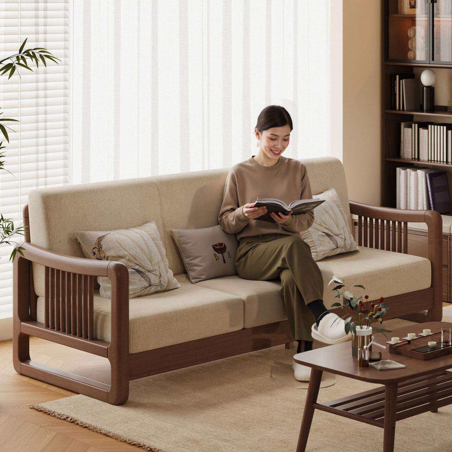 实木沙发客厅家用小户型新中式宋氏美学三人位长椅木头布艺沙发无