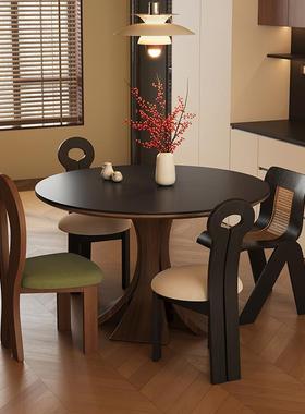 严奢中古风家用黑色圆形饭桌小户型餐桌椅子一套圆桌实木岩板餐桌