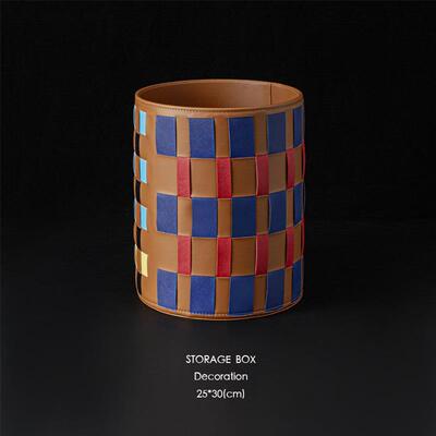 不止Herm@s.彩色皮革垃圾桶手工编织卧室客厅收纳脏衣篓花瓶花器