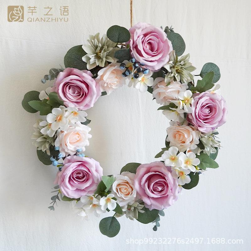 仿真绢花婚礼节日圣诞花环装饰用品紫色玫瑰烛台牡丹摄影道具挂饰
