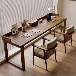 靠墙书桌实木双人条桌家用美式复古学生学习桌卧室简约办公桌书桌