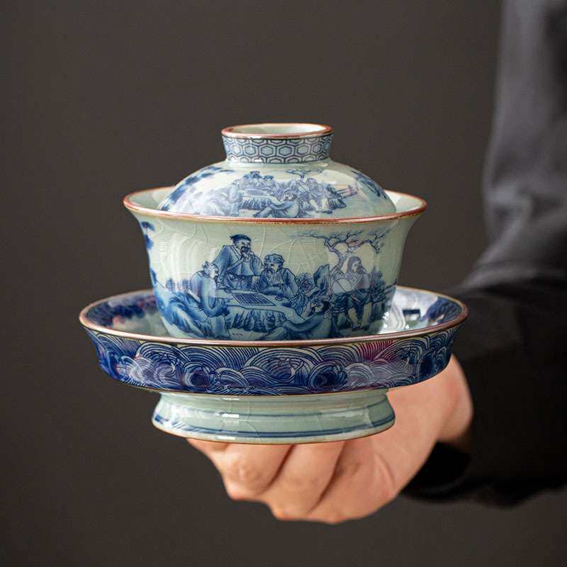 哥窑仿古青花老陶泥三才盖碗茶杯单个陶瓷茶具大号茶碗带盖不烫手