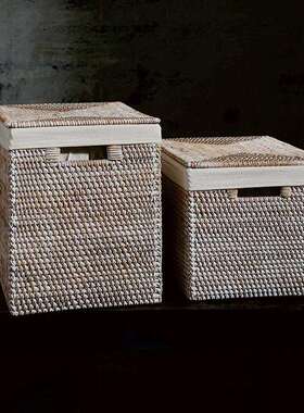 手工藤编收纳筐箱脏衣物收纳筐日式北欧复古民宿被子编织储物白色