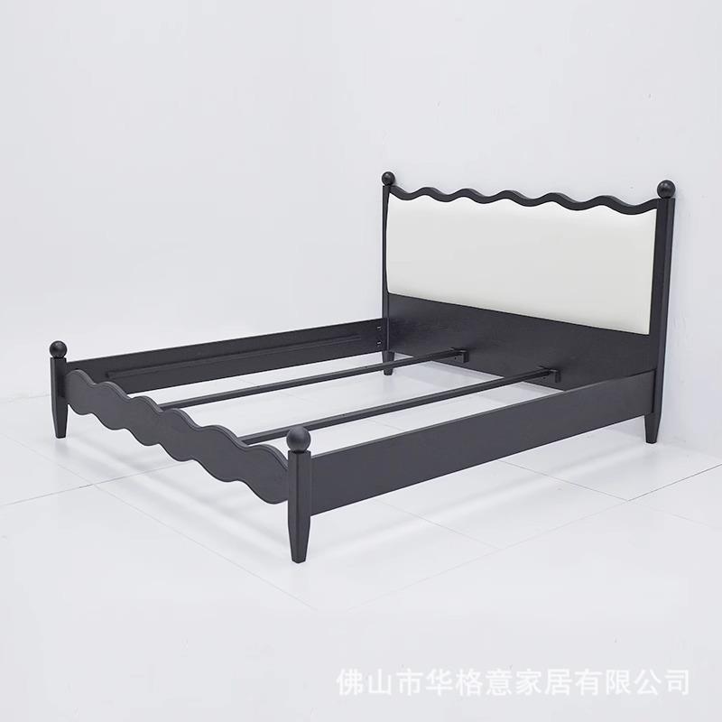 中古风涟漪布艺床黑色实木双人软床意式极简风真皮床主卧婚床大床