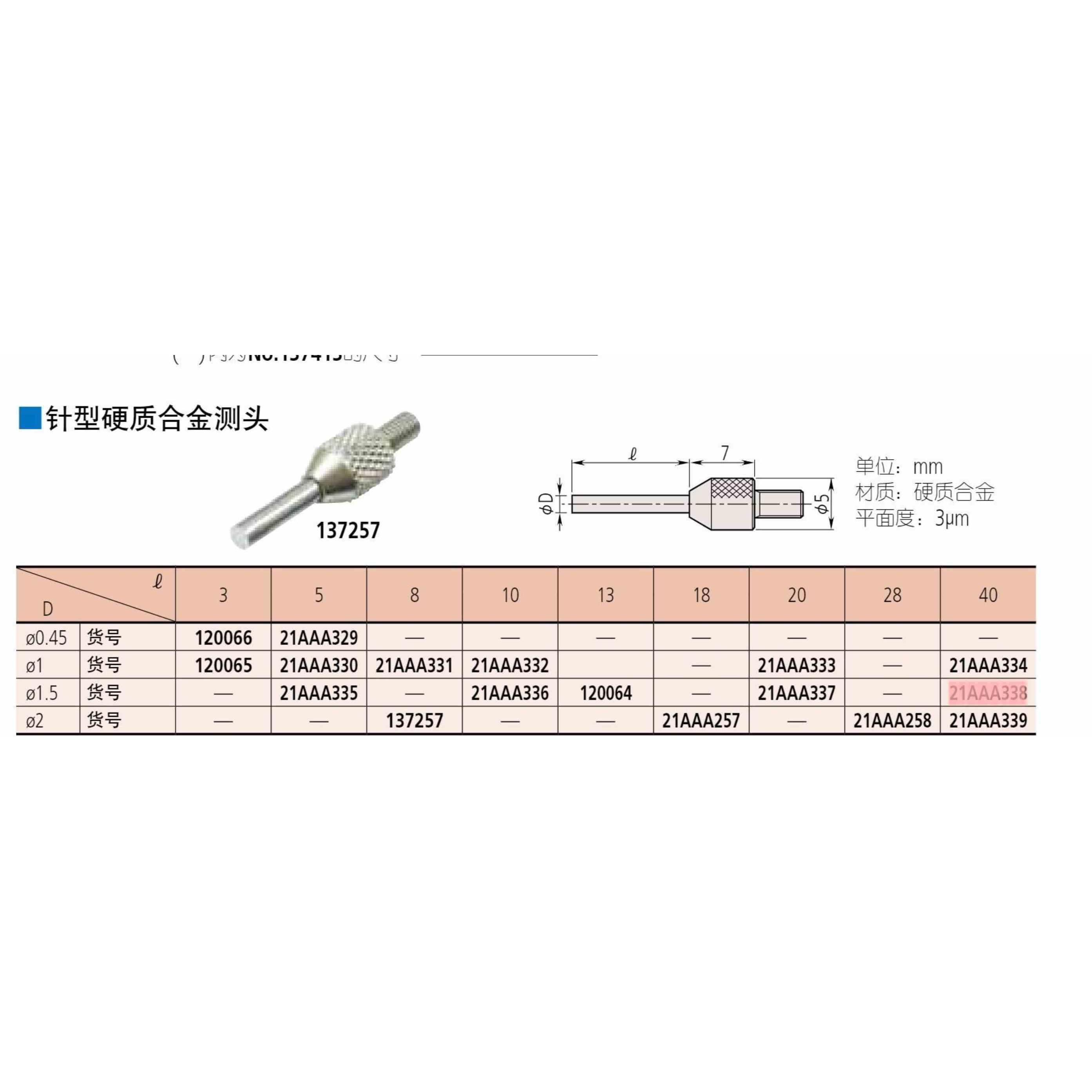 原装三丰21AAA338百分表千分表平测针硬质合金平测针 1.5×40长
