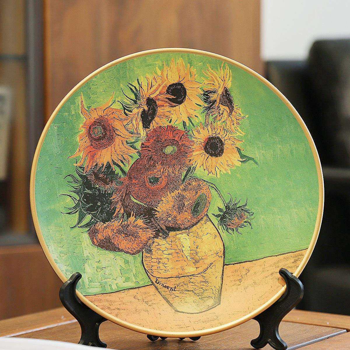 梵高油画装饰盘子美式陶瓷摆件赏盘客厅电视柜向日葵星月夜摆盘猫