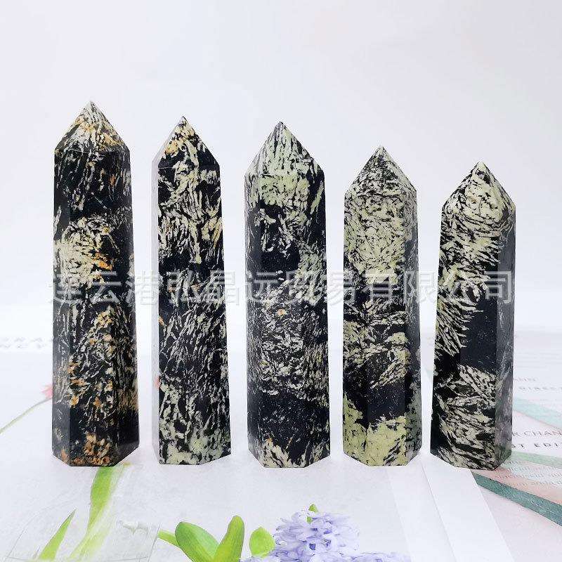 弘晶远水晶天然黑白烟花六棱柱单尖烟花石水晶柱原石打磨