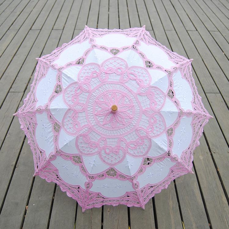 工艺花边蕾丝钩花棉布绣花伞晴雨遮阳婚礼装饰吊装白带丽木柄伞