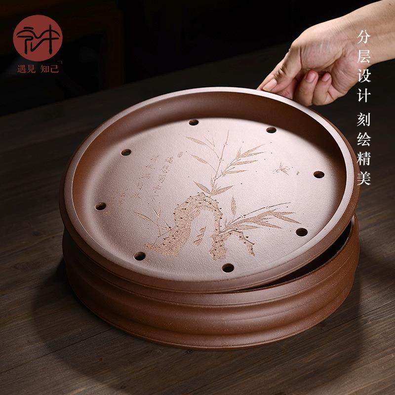 宜兴紫砂茶盘托盘纯手工双层储水式圆形茶海小干泡茶台茶具