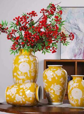 黄色陶瓷花瓶摆件手绘花瓶手工釉下彩可水培客厅玄关轻奢陶瓷摆件