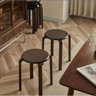 家用可叠放实木凳客厅餐厅就餐实木叠凳复古圆凳面实木叠凳