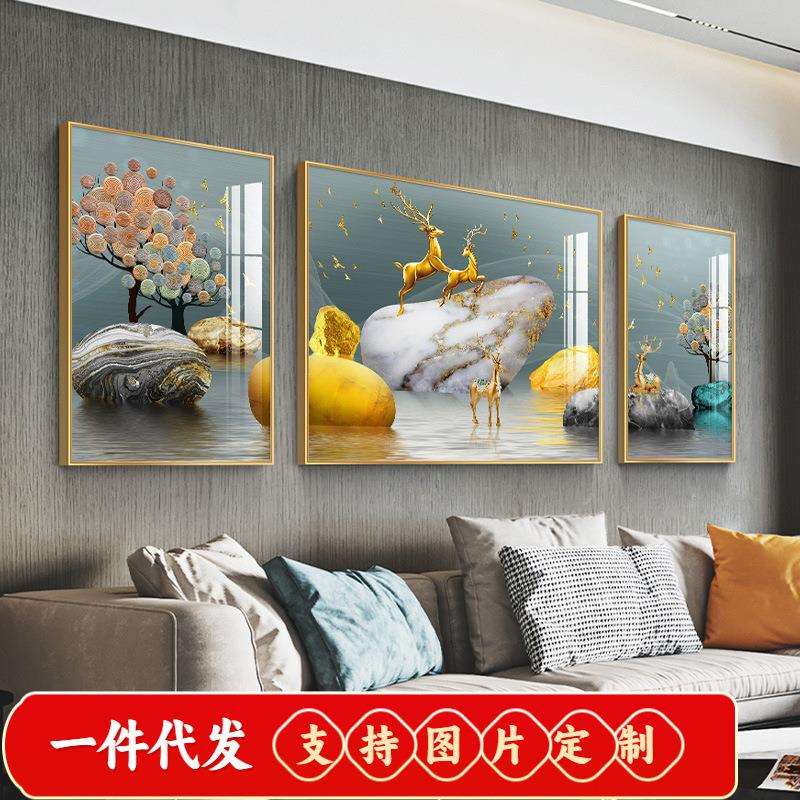 5d满钻钻石画简约麋鹿发财树三联画2020新款客厅十字绣点贴砖石绣