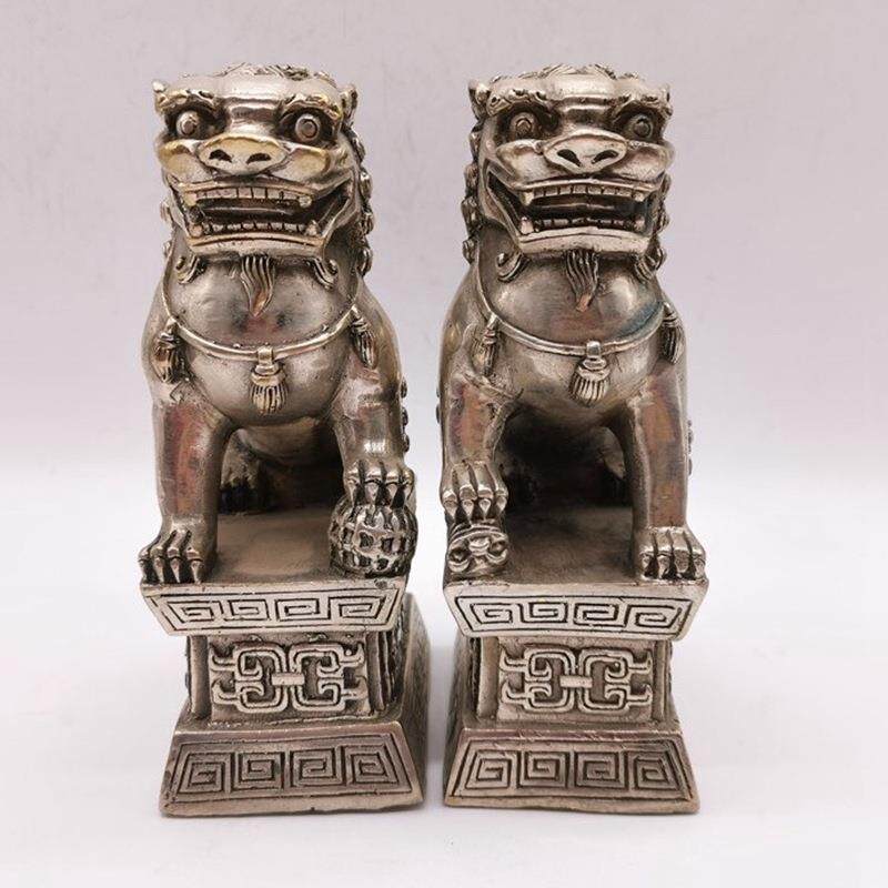 仿古桌面摆件一对狮子白铜古董古玩杂项铜器工艺品