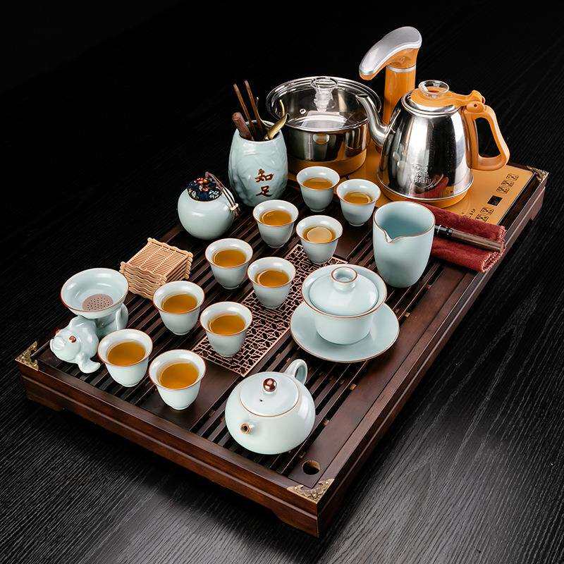 窗花实木茶盘整套汝窑陶瓷茶具套装家用办公室四合一全自动上水