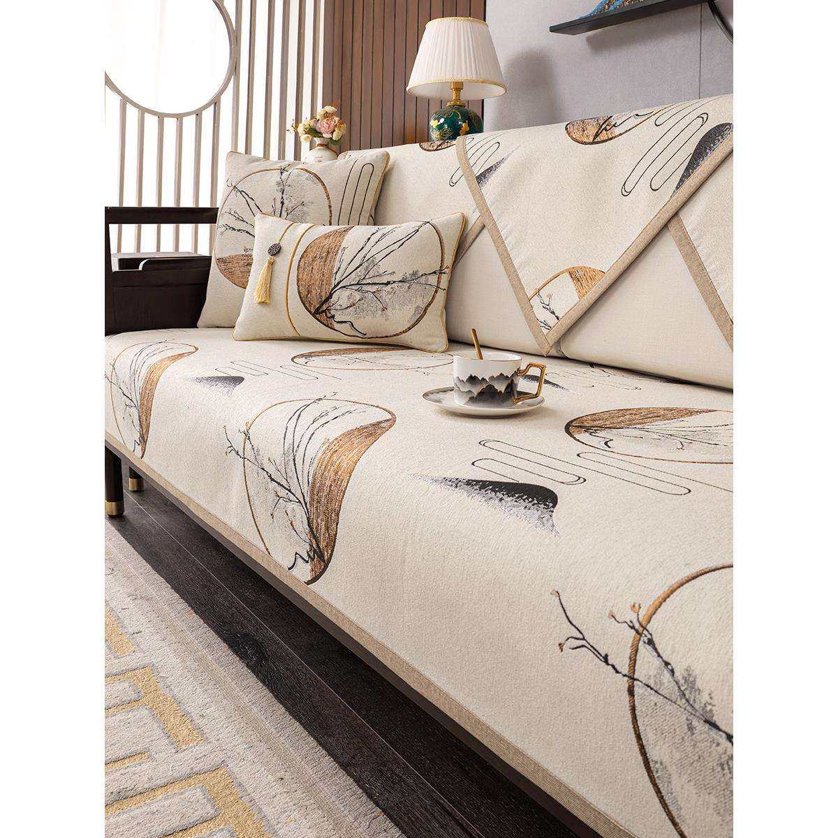 新中式沙发垫中国风高档防滑坐垫中式四季通用实木沙发套罩盖布巾