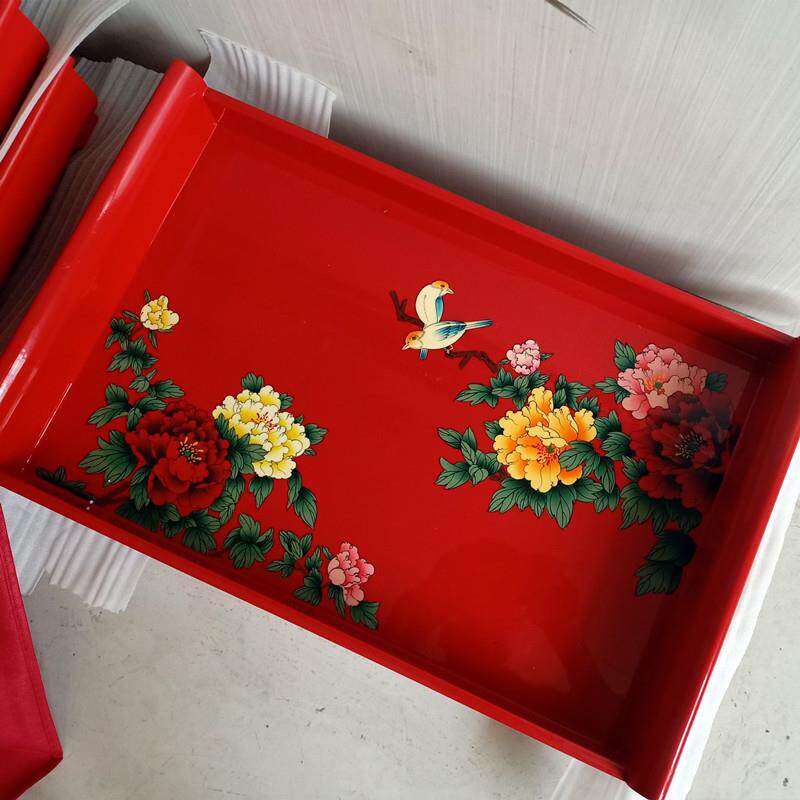 推光漆器手绘盘子木质贴金描金彩绘漆画双耳大托盘中式漆器茶餐盘