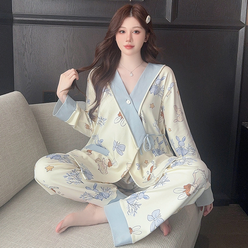 哺乳睡衣月子服春秋长袖a类纯棉产后喂奶孕妇家居服夏季薄款产妇