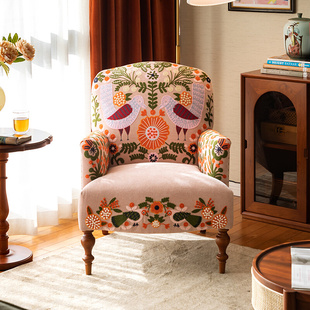 复古客厅单人老虎椅小户型美式 实木布艺沙发椅法式 休闲椅