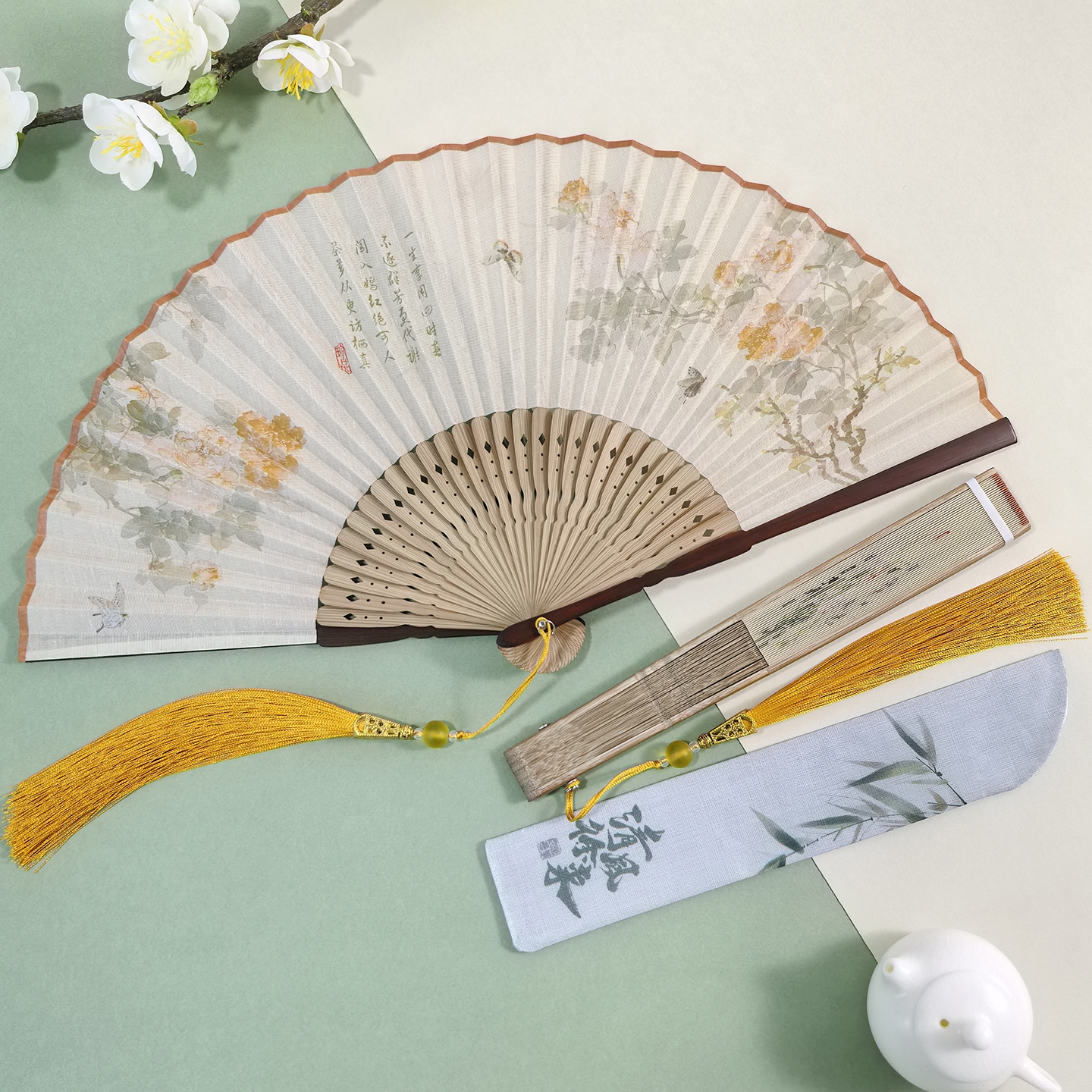 绢布仿古花鸟折扇复古风女扇子