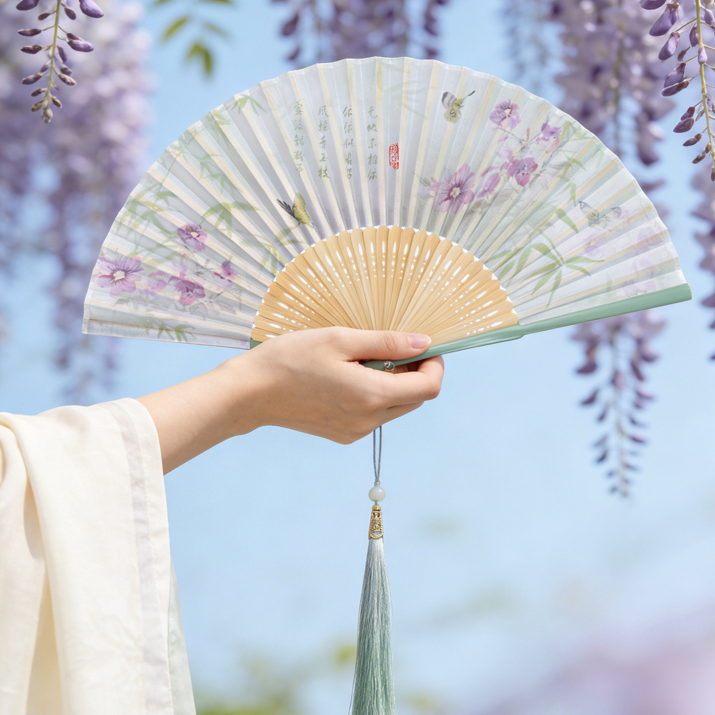 新中式古风竹扇绢布竹韵折扇女夏图片