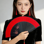 梅花扇子红黑折扇汉服旗袍折叠扇易开合舞蹈扇演出道具头青竹扇夏