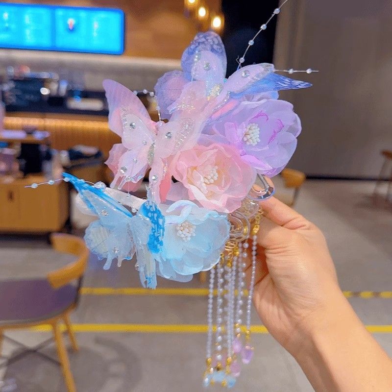 甜美发夹女头饰女童蝴蝶花朵流苏盘发抓夹2025新款儿童丸子头神器