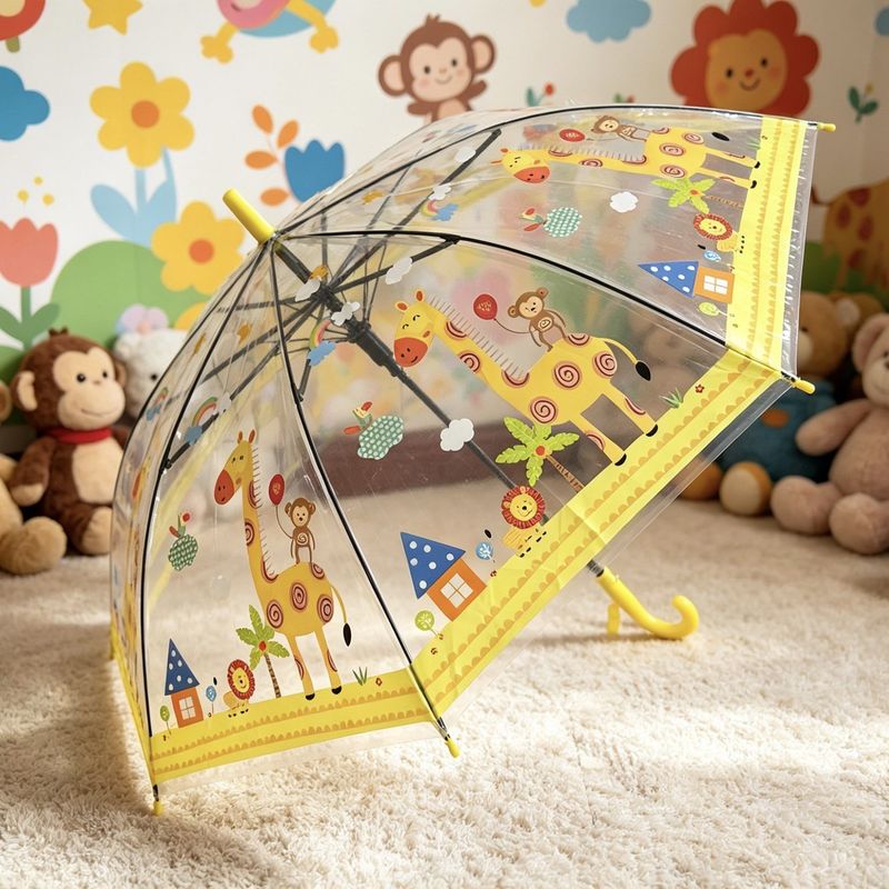 儿童卡通动物透明长柄雨伞幼儿园圆角轻便安全出行晴雨伞