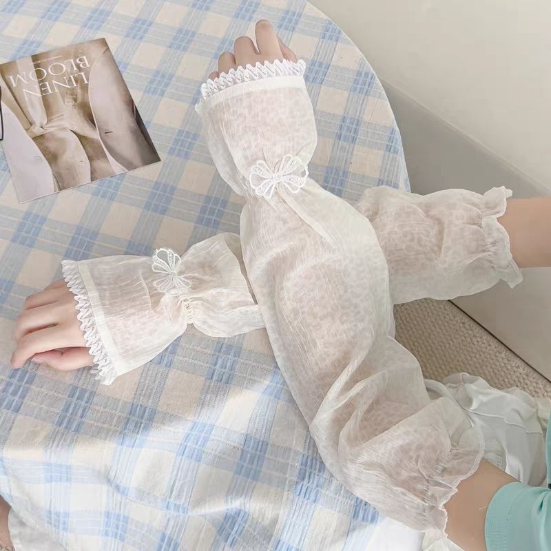 蕾丝蝴蝶结冰丝袖套女夏季宽松甜美手臂防晒护袖套